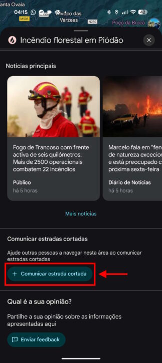 Google Maps fogos Portugal estradas cortadas