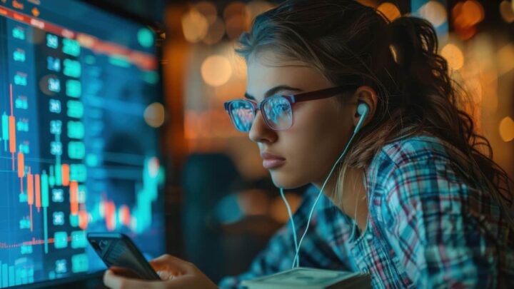 Jovem rapariga com mercado das ações no fundo
