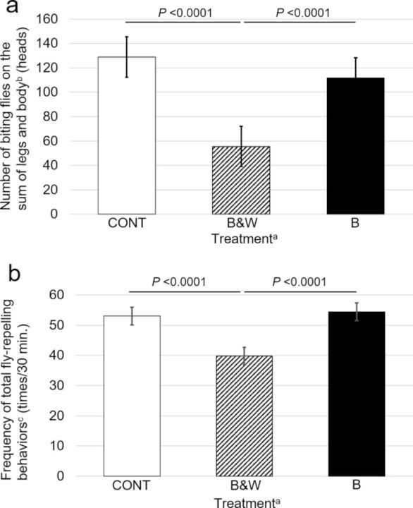 Número de moscas nas patas e no corpo (a) e a frequência total do comportamento repelente (b) das vacas experimentais. 