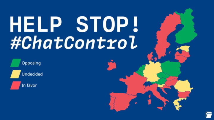 Mapa colorido da posição dos Estados-membros da UE em relação ao Chat Control