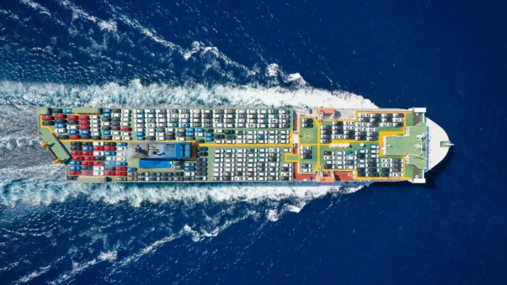 Imagem de navio carregado de veículos elétricos vindos da China
