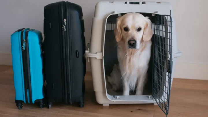 Ilustração de cães e gatos como bagagem no avião