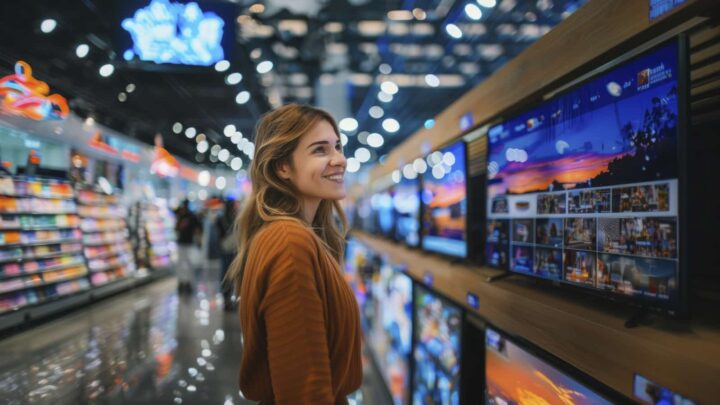 Imagem gerada com recurso à IA: mulher numa loja de televisores
