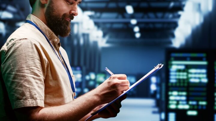 Homem de TI com bloco a anotar algo, no que parece ser um data center