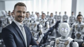 Empresário em primeiro plano, com robôs no segundo plano