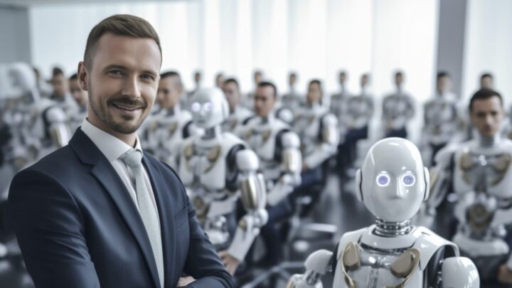 Empresário em primeiro plano, com robôs no segundo plano