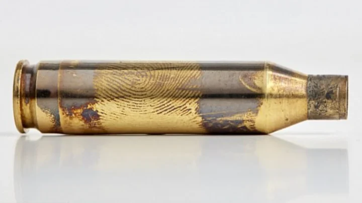 Imagem de um invólucro de uma bala com impressões digitais