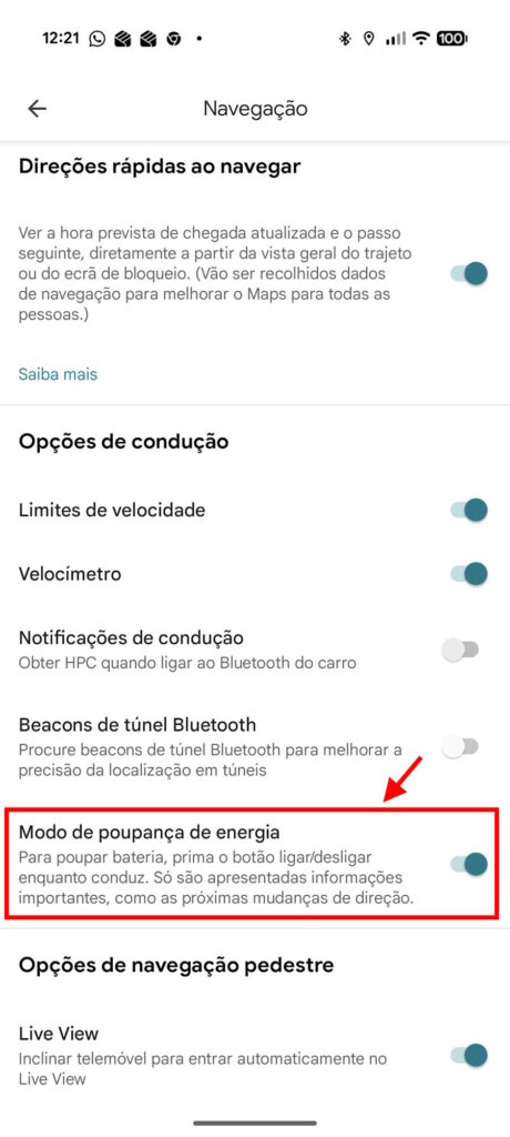 Google Maps energia bateria poupança