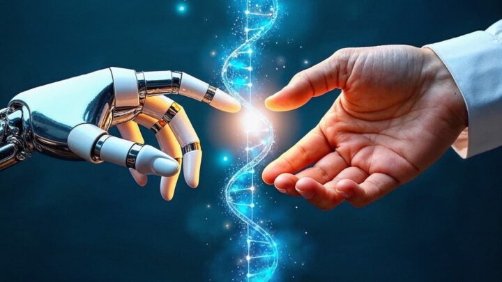 Uma mão robótica a tocar uma mão humana, cuja braço mostra uma bata. No meio, a cadeia do ADN