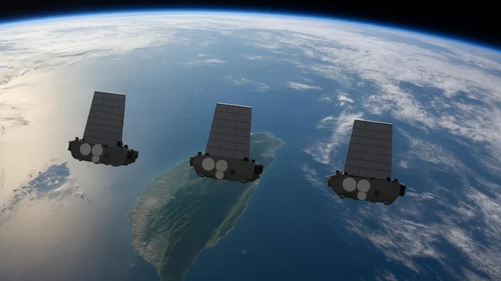 Ilustração de satélites da Starlink por cima de Taiwan que China quer bloquear