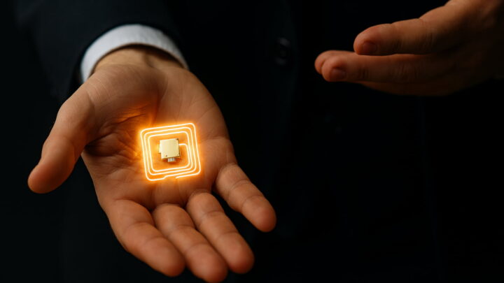 Chip RFID numa mão a brilhar