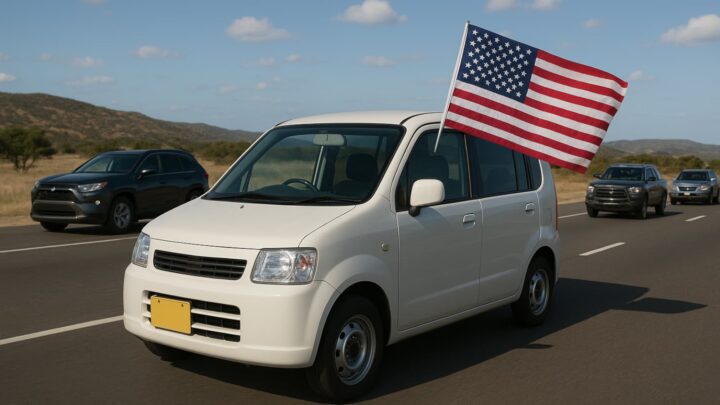 Kei car numa estrada com a bandeira dos EUA