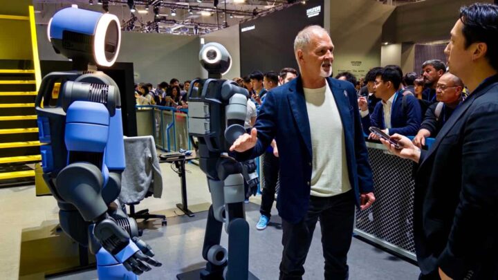 Robert Playter, diretor-executivo da Boston Dynamics, a falar sobre a forma como os robôs humanoides vão transformar o ambiente de trabalho nas fábricas, durante a CES 2026, em Las Vegas. Crédito: Sofia Tung/ Business Insider