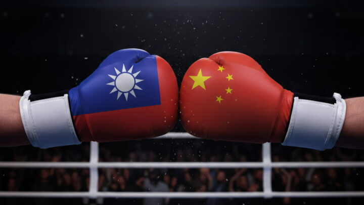 Luvas de boxe com bandeiras da China e Taiwan, frente a frente