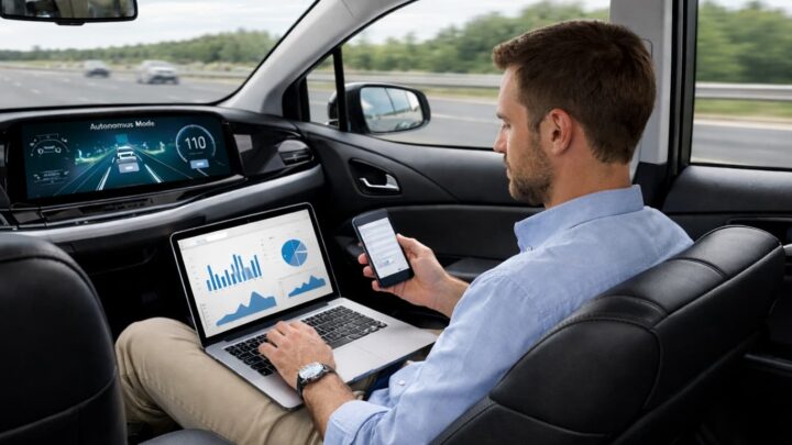 Homem com um computador e um smartphone a trabalhar, enquanto é conduzido por um carro autónomo