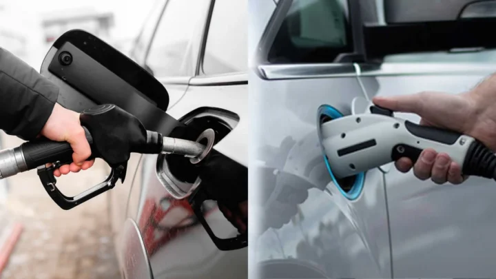 Imagem comparação carregar um carro elétrico e abastecer um carro a diesel
