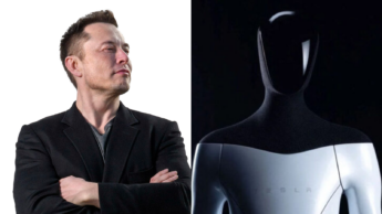 Elon Musk, do lado esquerdo da imagem, e o robô humanoide Optimus, da Tesla, do lado direito.