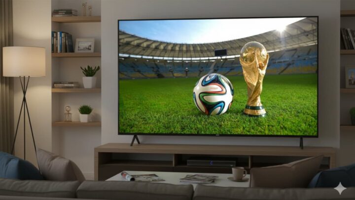 A imagem mostra uma sala de estar. Na parede do fundo, uma televisão, a transmitir a taça do Mundial 2026 da FIFA num relvado, ao lado da bola oficial da competição