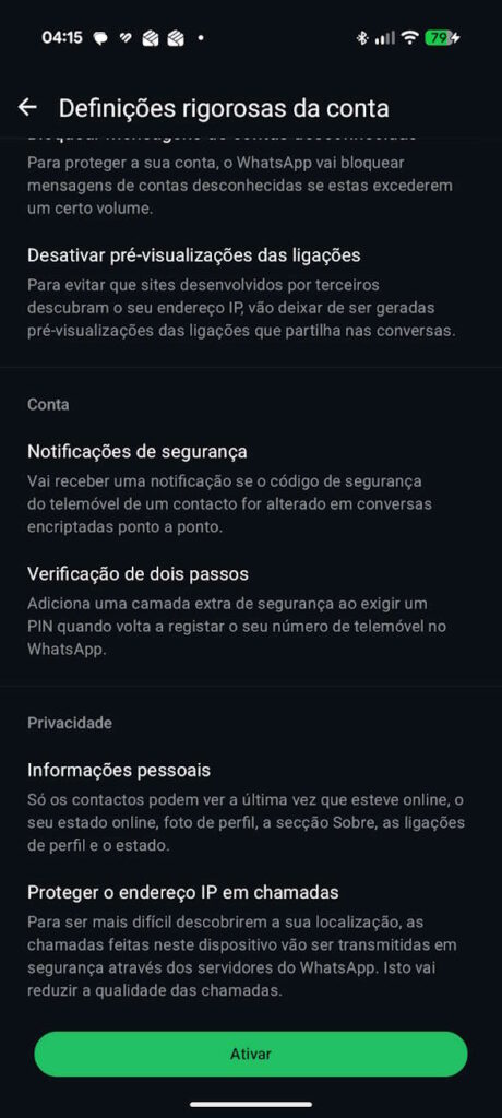 WhatsApp segurança contas definições
