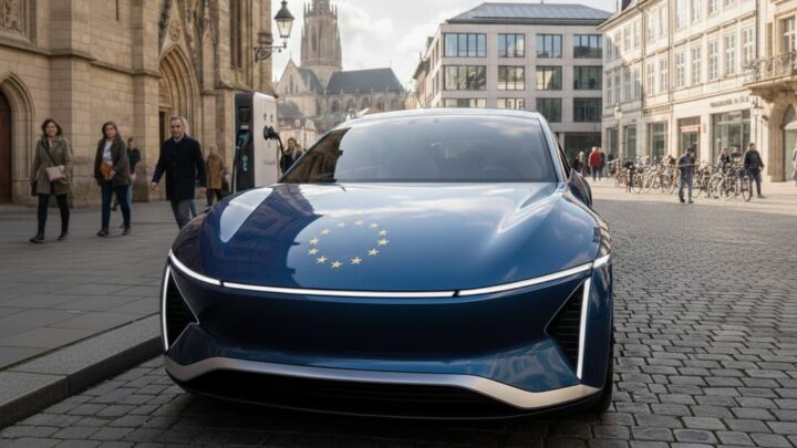 Imagem de um carro elétrico azul, com as estrelas da União Europeia, criada com recurso ao Nano Banana