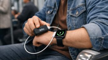 Pessoa a carregar um smartwatch no comboio