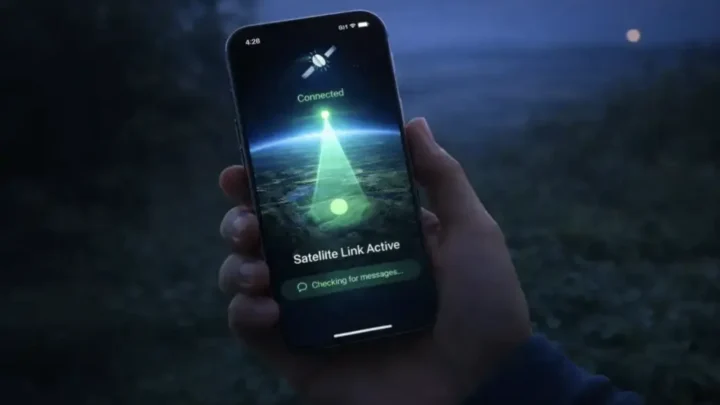 Ilustração iPhone 18 Pro com ligação por satélite