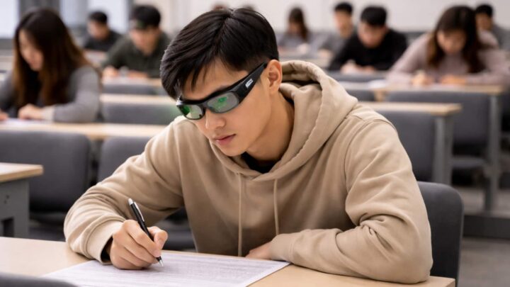 Estudante a fazer um exame com óculos inteligentes