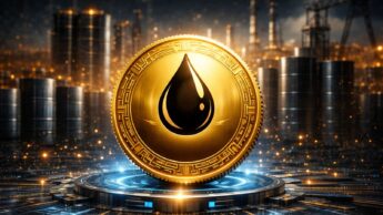 Imagem ilustrativa, gerada pelo ChatGPT, de uma moeda digital com uma gota de petróleo. Ao fundo, em segundo plano, uma infrestrutura de petróleo.
