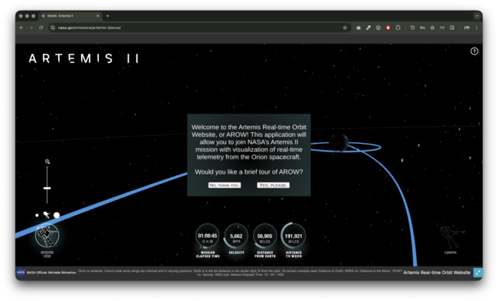 Plataforma AROW da NASA para acompanhar a missão Artemis II
