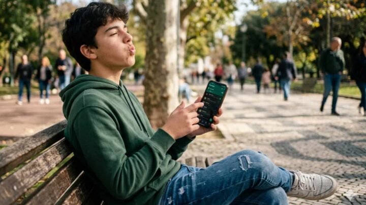 Rapaz a assobiar, sentado num banco de jardim, com o WhatsApp aberto
