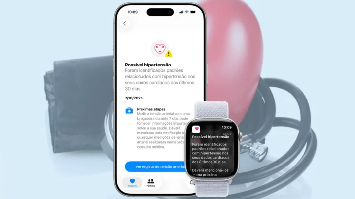 Ilustração iPhone Apple Watch a detetar pressão arterial elevada