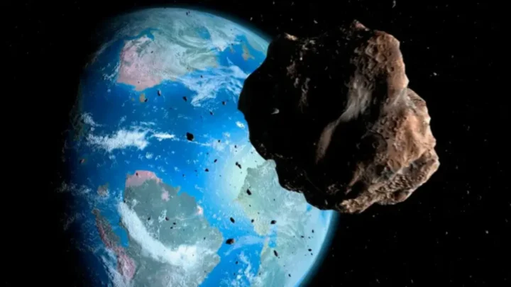 Ilustração do asteroide 2026 JH2 a vir em direção ao quintal cósmicos