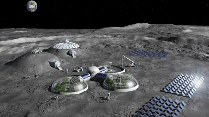 Ilustração do que poderá ser um dia um centro de baterias e painéis solares na Lua