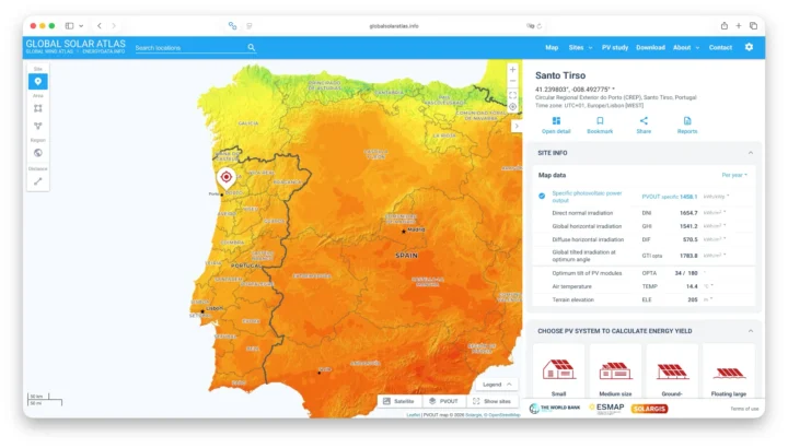 Imagem Global Solar Atlas para evitar painéis solares na sombra