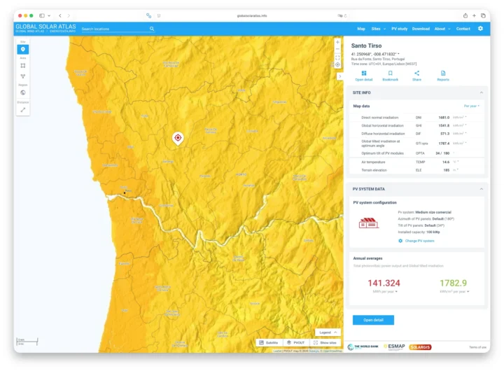 Imagem Global Solar Atlas para evitar painéis solares na sombra