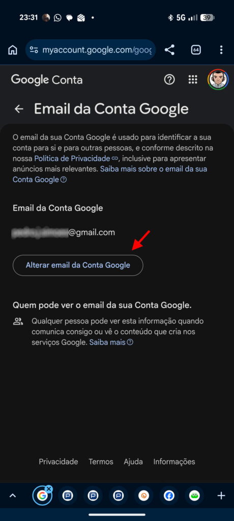 Gmail mudar endereço email Google