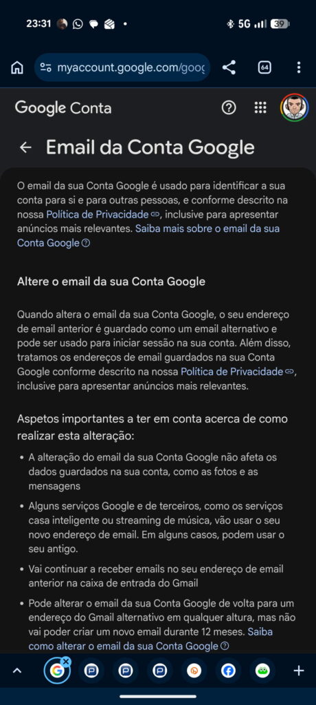 Gmail mudar endereço email Google