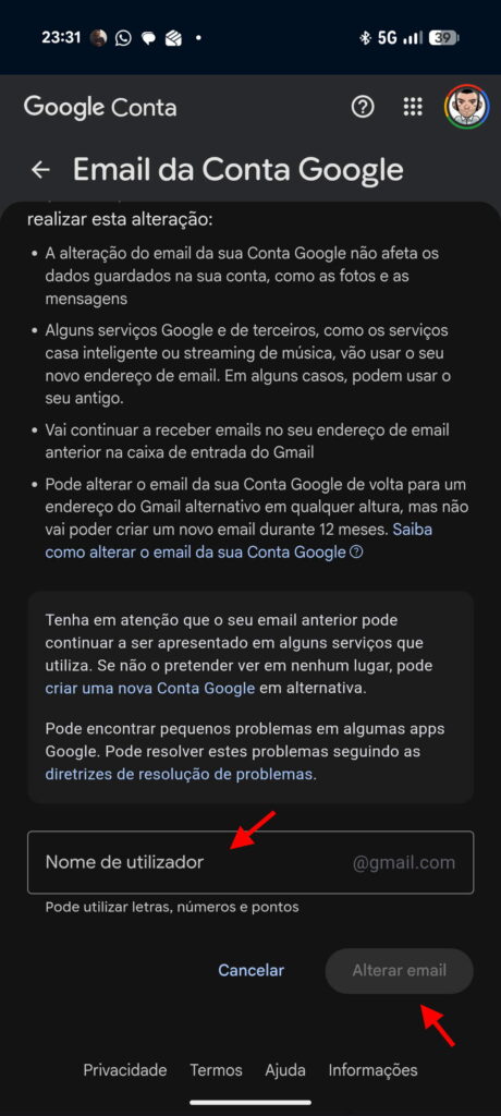 Gmail mudar endereço email Google