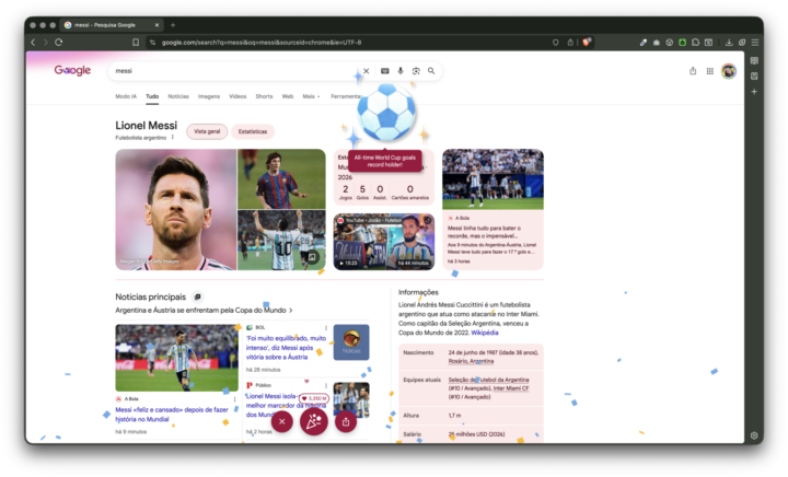 Easter egg da Google relacionado com o recorde de Lionel Messi batido neste Mundial 2026