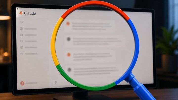 Lupa com as cores da Google, a representar a Pesquisa, a apontar para um ecrã de computador com o Claude aberto