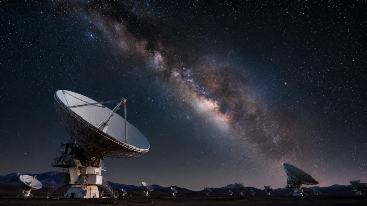 Ilustração da ALMA a procurar alguma comunicação extraterrestre