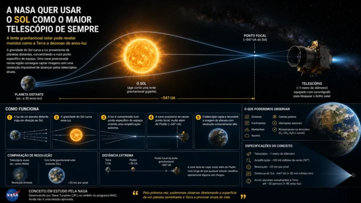 Ilustração para explicar como a NASA pretende usar o Sol como lente gravitacional