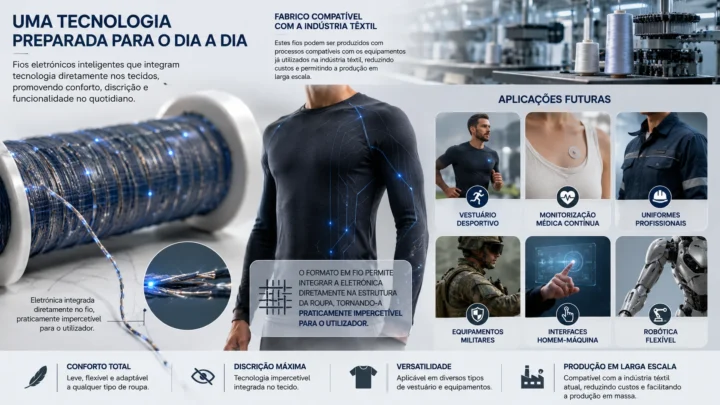 Ilustração de aplicações práticas nos vestíveis desta nova tecnologia de fios sensores
