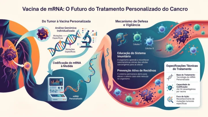 Infografia de como atua a vacina mRNA para combater vários tipos de cancro