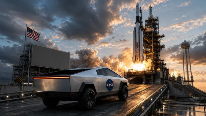 Imagem gerada com recurso à IA de uma cybertruck com o logótipo da NASA numa rampa de lançamento