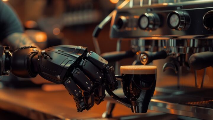 Mão robótica, de robô, a tirar um café
