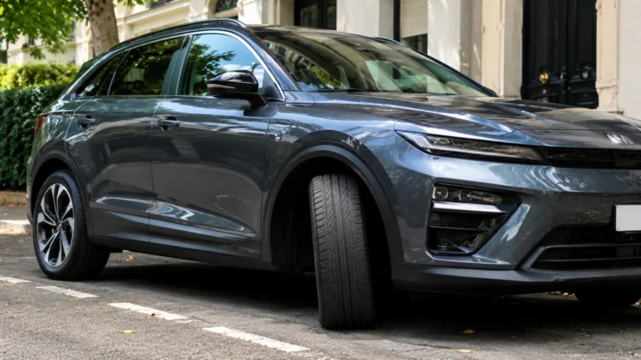 Imagem d eum carro estacionado com as rodas viradas