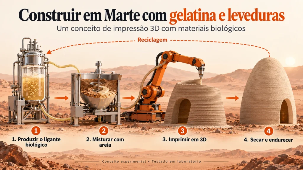 Ilustração robô a construir em 3D no solo de Marte
