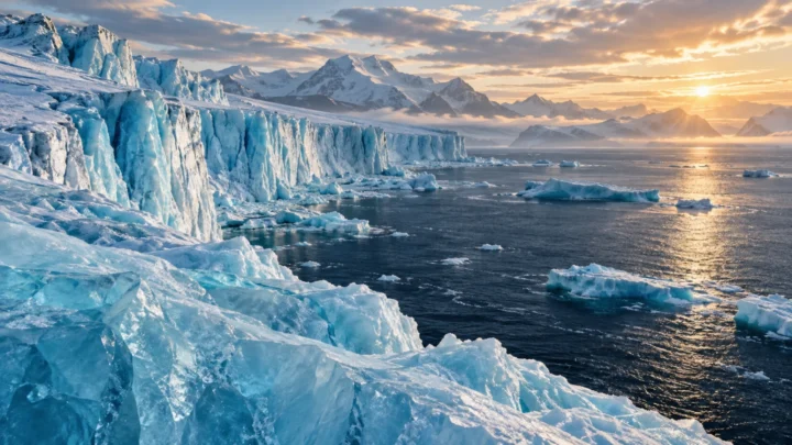 Ilustração da Terra a congelar, a era das grandes glaciações.